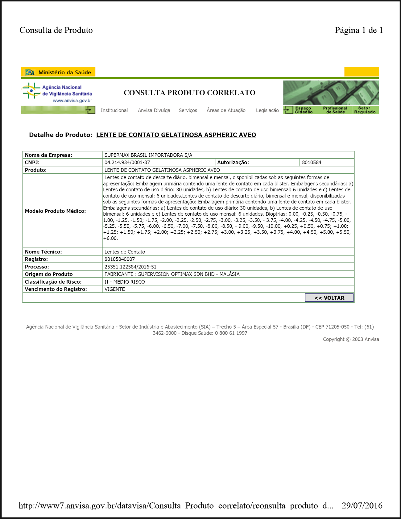 Supervision Optimax Contact Lens Brazil ANVISA Product Registration (Aspheric) Certificate