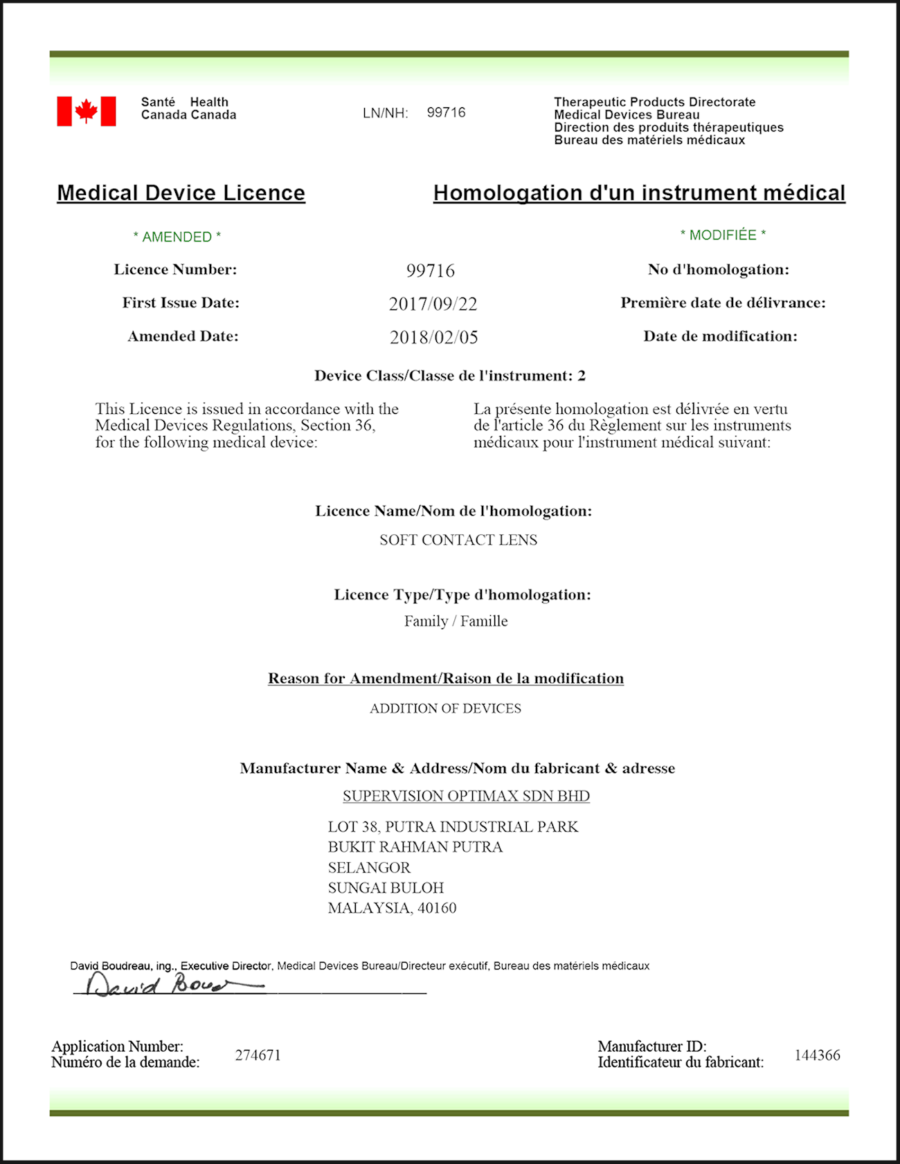 Supervision Optimax Contact Lens Health Canada Medical Device Licence